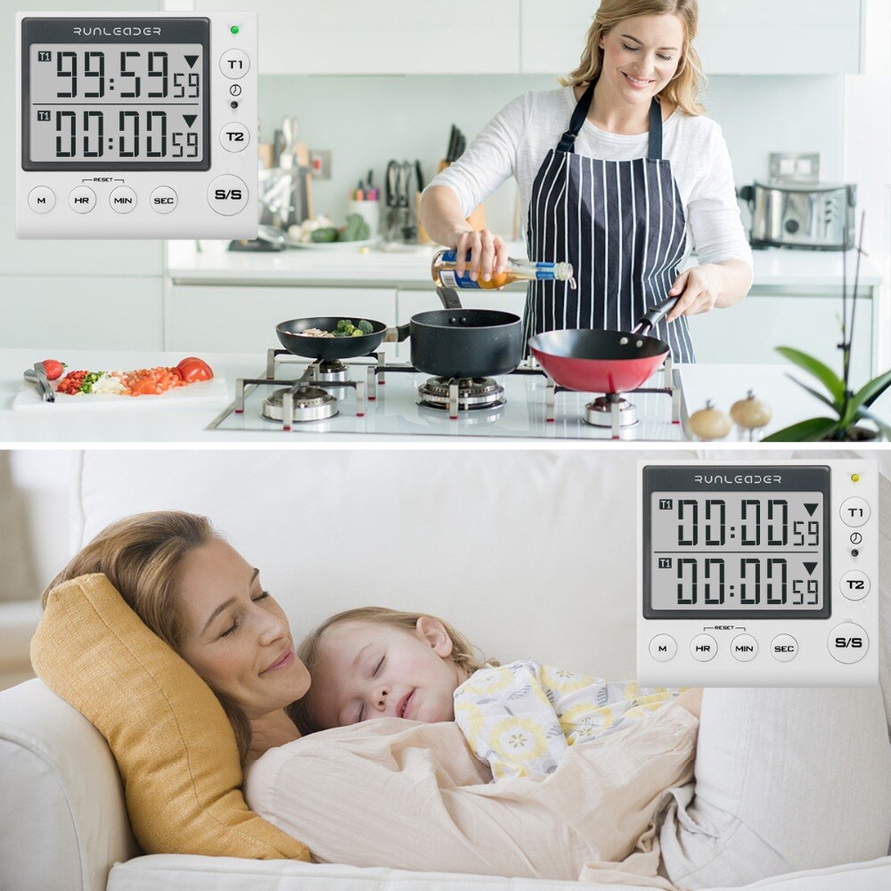Kitchen Timer Digital Countdown Timer 2 Channel Flashing LED for Lab Electronic Kitchen Homework Exercise Gym Workout Cooking