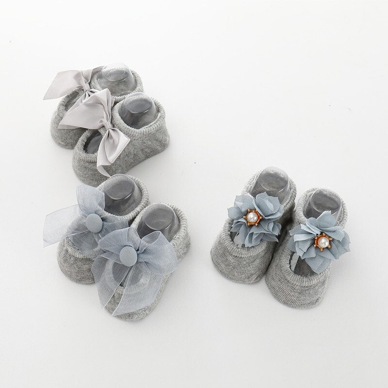 BalleenShiny 3 Pairs Bowknot Socks Baby Girls Princess Lace Flower Short Socks Child Kids Soft Cotton Socks For: Gray / S 0-1 year baby