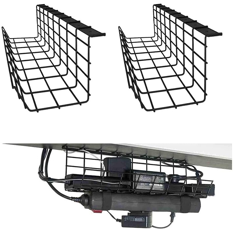 2Pcs Under Desk Cable Management Tray Wire Cord Power Strip Adapter Organizer Steel Metal Cable Tray to Hide Cables