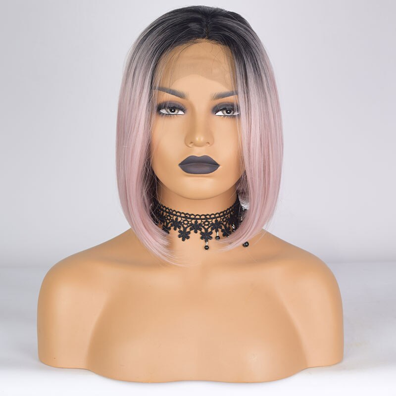 Bombshell sort ombre hvid pink kort bob syntetisk blonde front paryk limfri varmebestandig fiber hår midterskilning til kvinder
