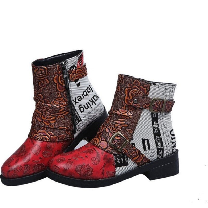 Bottines à imprimé ethnique pour femmes, chaussures Punk Martin à talons bas avec fermeture éclair, plate-forme avec boucle et sangle, collection automne et hiver