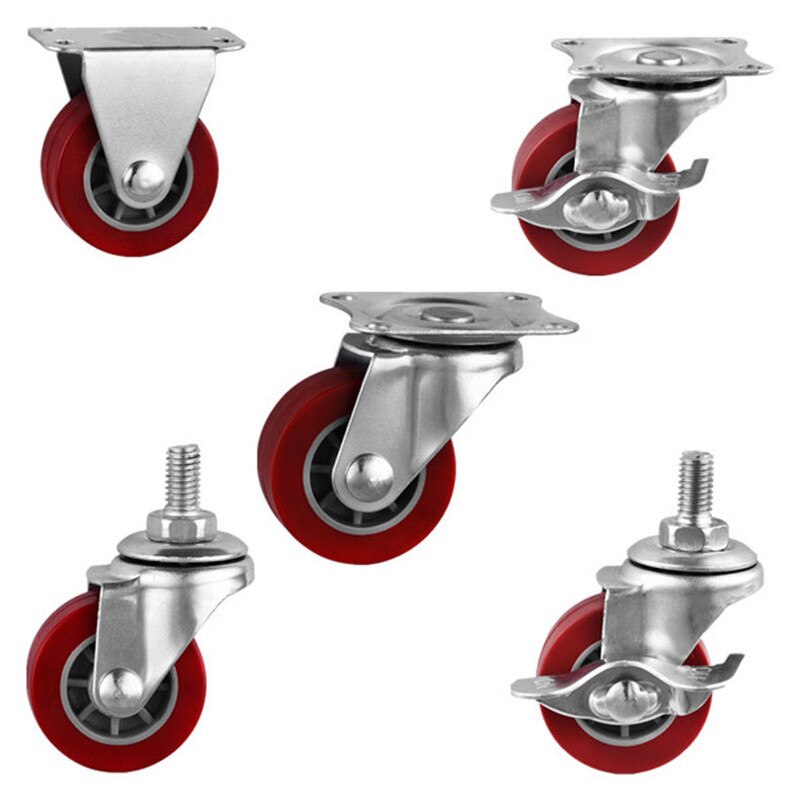 Red Plastic Fixed Casters, Noiseless Universal Wheel with Brake, Replacement Small Cart for Furniture, Hardware Accessories