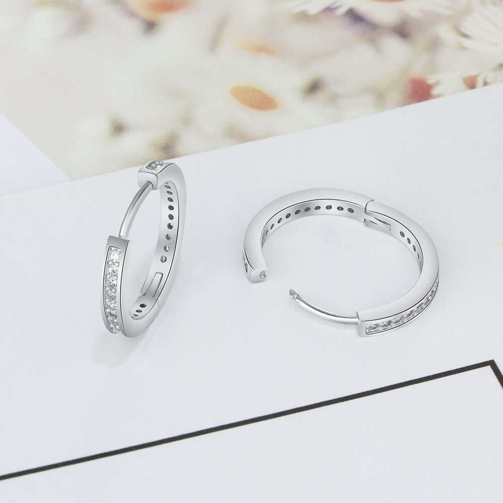 Classic 925 Sterling Silver Round Hoop Earrings for Women Cubic Zirconia Paved Circle Earrings Silver 925 Jewelry Wedding