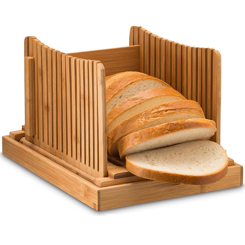 Bamboo Bread Slicer Cutting Guide - Wood Bread Cutter For Homemade Bread, Loaf Cakes, Bagels Foldable And Compact With Crumbs