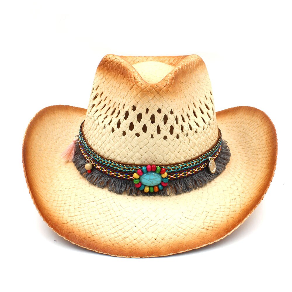 Women Men Western Cowboy Hat With Punk Bull Head Band Straw Lady Dad Beach Sun Sombrero Cap Mesh Cowgirl Jazz Hat Size 58CM: C9 CBJ