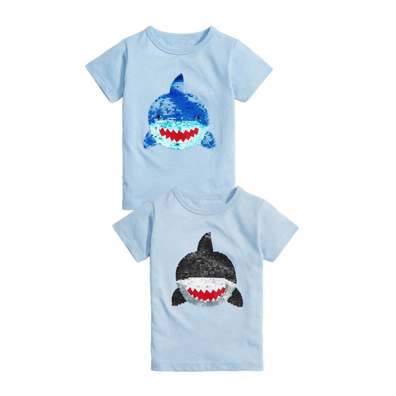 Camiseta con dibujo de dinosaurio tiburón para niños, ropa con lentejuelas, cambio de Color, verano,: T8086 Shark / 4 años