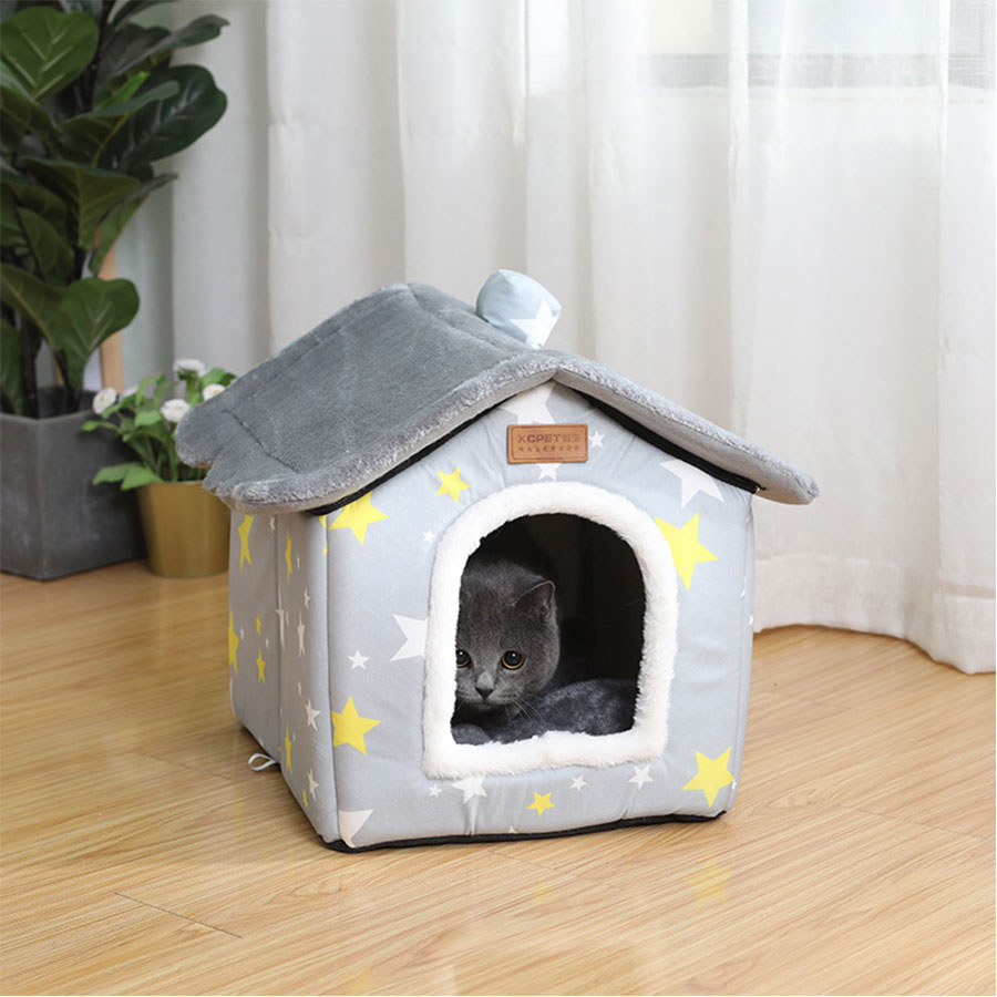 Maison de chat amovible avec tapis de dessin animé, maison de chien, , confortable, lit grotte de luxe, fournitures pour animaux de compagnie