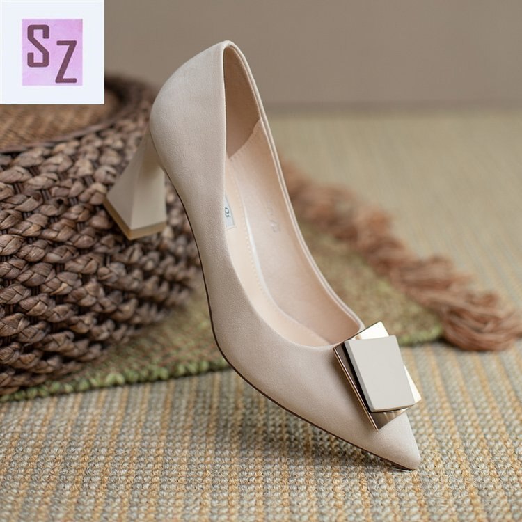 Chaussures de femmes métal boucle carrée épaisse chaussures à talons hauts confortables bouche peu profonde travail chaussures pour femmes