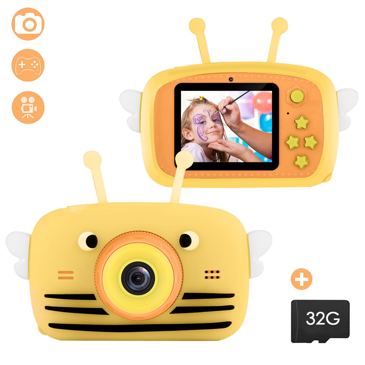 Soonhua Kids Mini Camera Draagbare 1920 Hd Scherm Camera Speelgoed 20MP Dual Lens Video Camera Nemen Foto 'S Met 32G Geheugenkaart: Yellow Bee