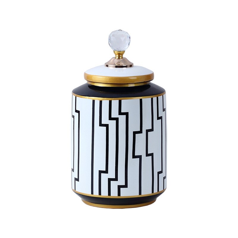 Tarros de porcelana con tapa de cristal, recipiente de té, olla de caramelo, tanque de almacenamiento de cerámica, decoración de escritorio, tarros de almacenamiento de rayas geométricas