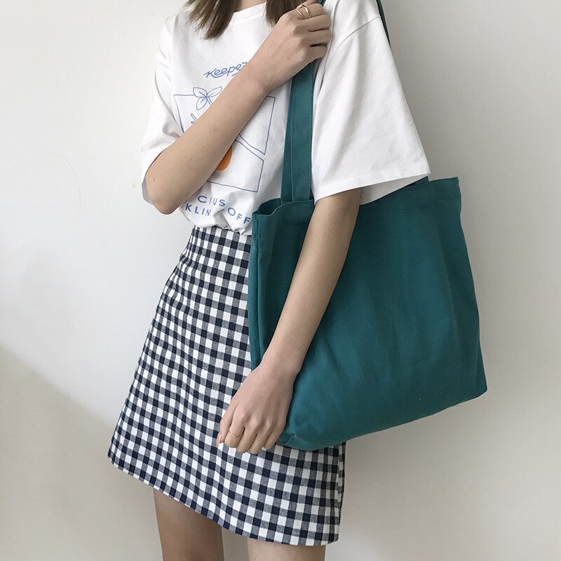 Saco de compras de lona de grande capacidade casual all-match bolsa de ombro feminina de cor sólida sacola de estilo universitário saco de escola aberto: Lake blue