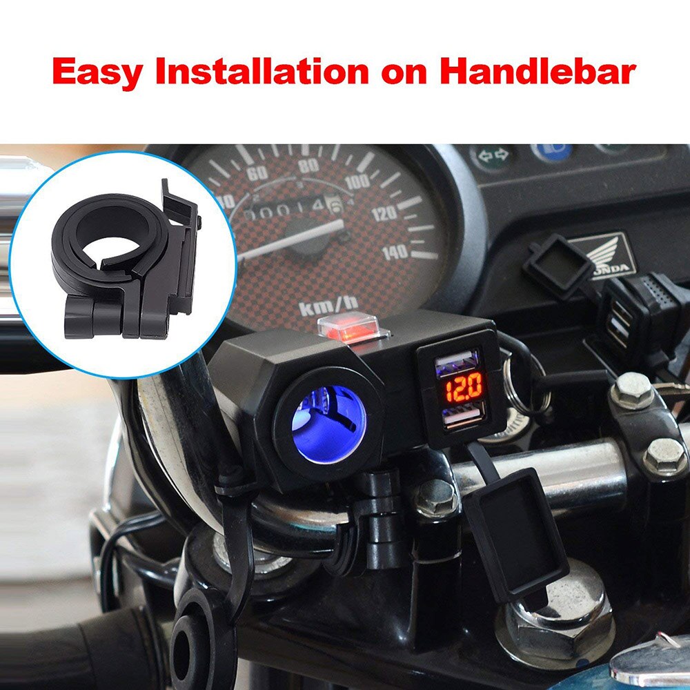 Aileap Motorcycle Cigarette Lighter Socket Dual USB Ports Phone Charger Adapter with Battery Voltmeter and Power Switch