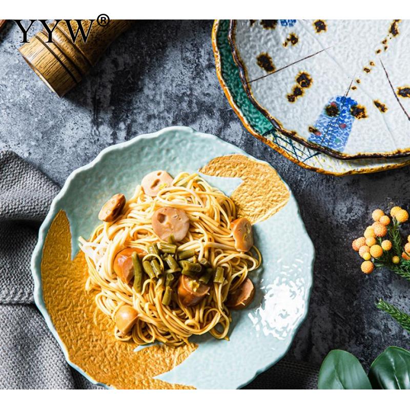 Hand-Painted Ceramic Plate Japanese Stone Pattern Polygonal Plate Cerative Plae For Household Or Restaurant Dinner Serving