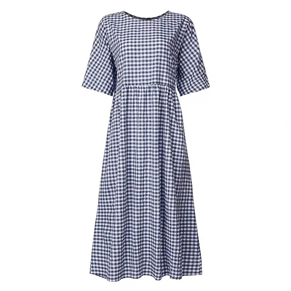 Short Sleeve Dress Stylish Check Print Maxi Dress for Women A-line Silhouette Short Sleeves Pleated for Commuting Dating: XL / Blue