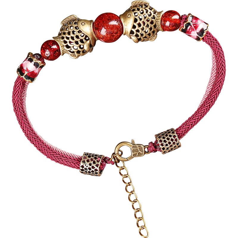 Chinesische ethnische glasurperlen-fußkettchen für damen, seilketten-fußkettchen, beinarmband, kupferfisch-strand-fußkettchen-schmuck