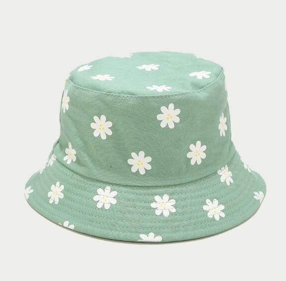 Koreansk stil dobbeltsidet bomuld blomsterprint spand hat fisker hat udendørs rejse hat sol cap hatte til mænd og kvinder: Grøn
