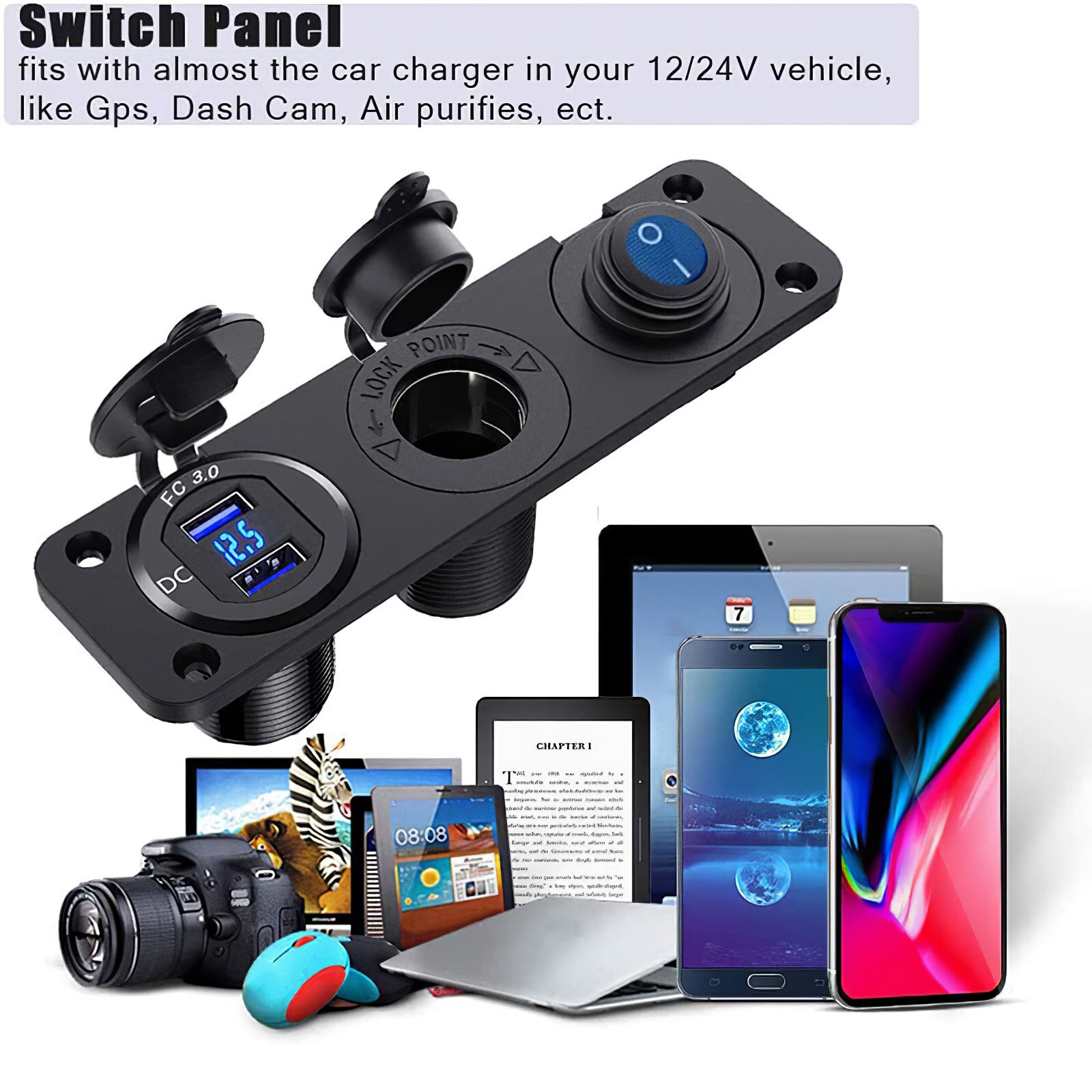 Onever Panel Power Socket Led Display Charger Socket Waterproof Car Dual Usb QC3.0 Fast Charger Socket Cigarette Lighter Socket