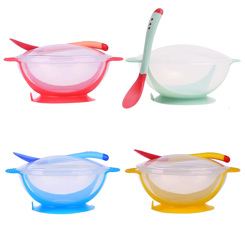 Baby Learning Dishes With Suction Cup Kids Safety Dinnerware Set Assist Bowl Temperature Sensing Spoon Fork Tableware