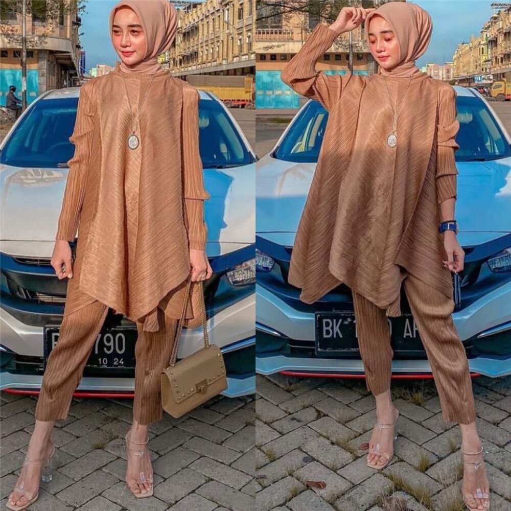 Women Muslim Sets Islamic Clothing Plain Suits Morocco Turkish Full Sleeve Loose Tops Pants Oversized Kaftan Solid 2 Pieces Suit: 01 Khaki
