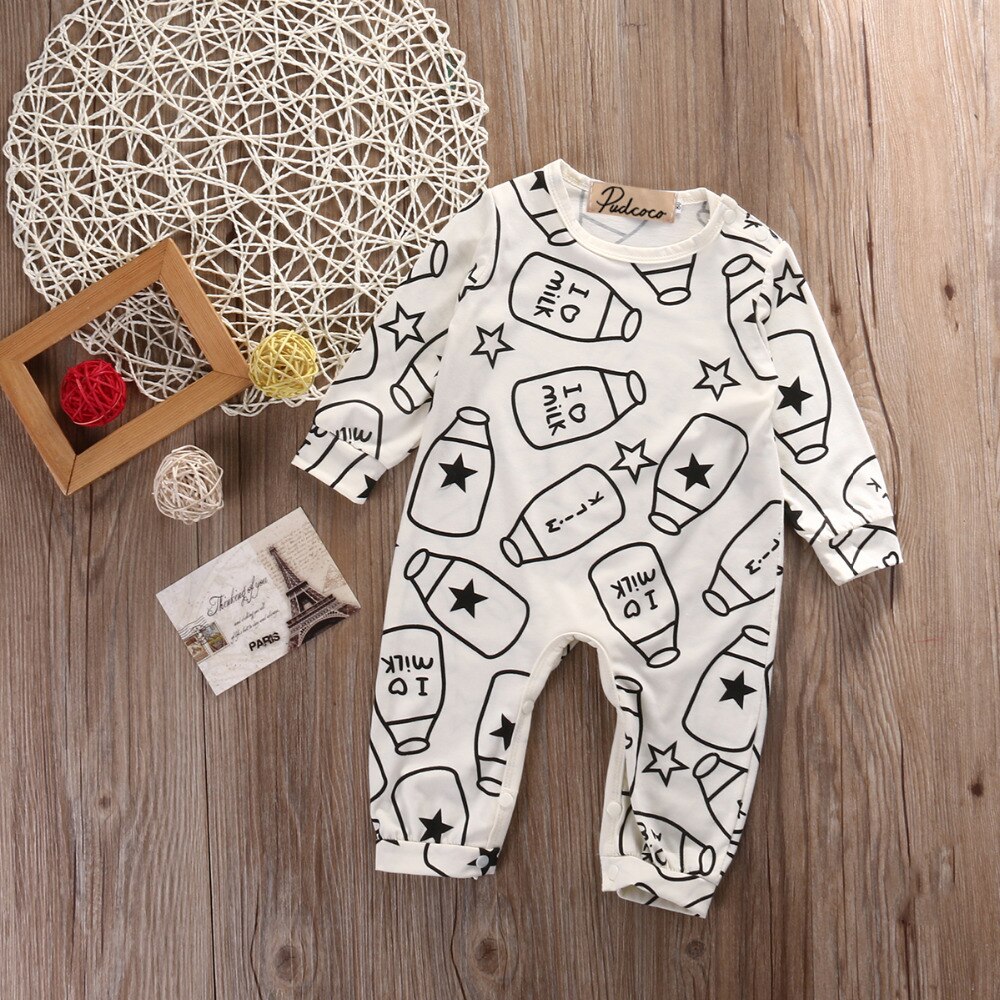 Nowonarodzone dzieci niemowlę chłopiec dziewczyny niemowlę z długim rękawem butelka mleka romper kombinezon ubrania strój 0-12M