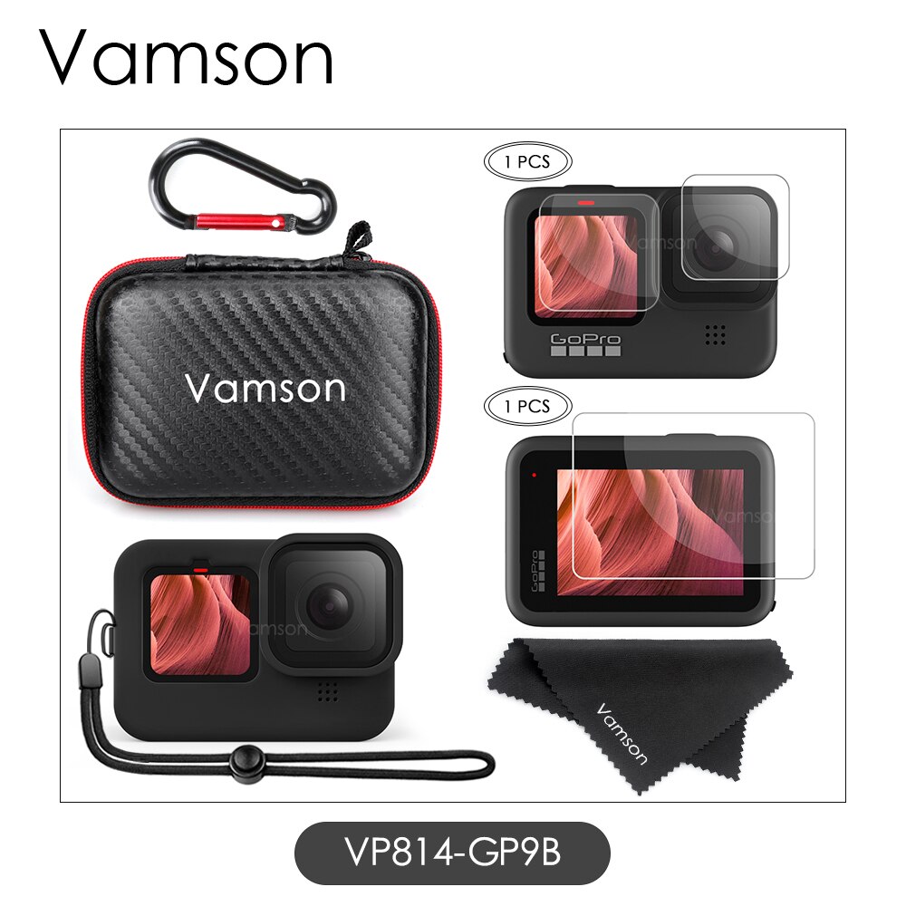 Vamson tilbehørssæt til gopro hero 10 9 sort mini bæretaske hærdet glas skærmbeskytter ærmesnor til go pro 9: Vp814- gpb
