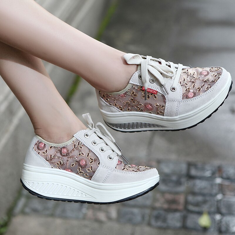 Height Increasing Sneakers Women - Lace Up Wedge Toning Shoes - Breathable Anti-Slip Fitness Workout