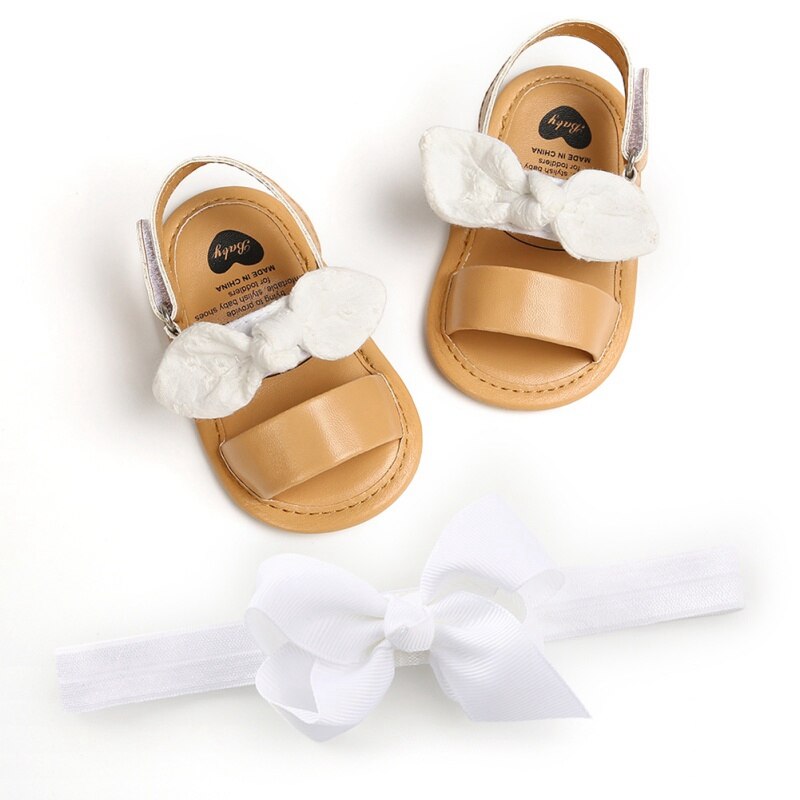 Bebê meninas bonito arco sandálias pu princesa sapatos de fundo macio sandálias da criança com branco rosa bandana conjunto de duas peças novo: W / S