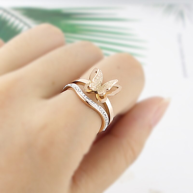 Koreanischen Stil edelstahl Schmuck matt Schmetterling Kristall Ring Frau Party Liebe Gft