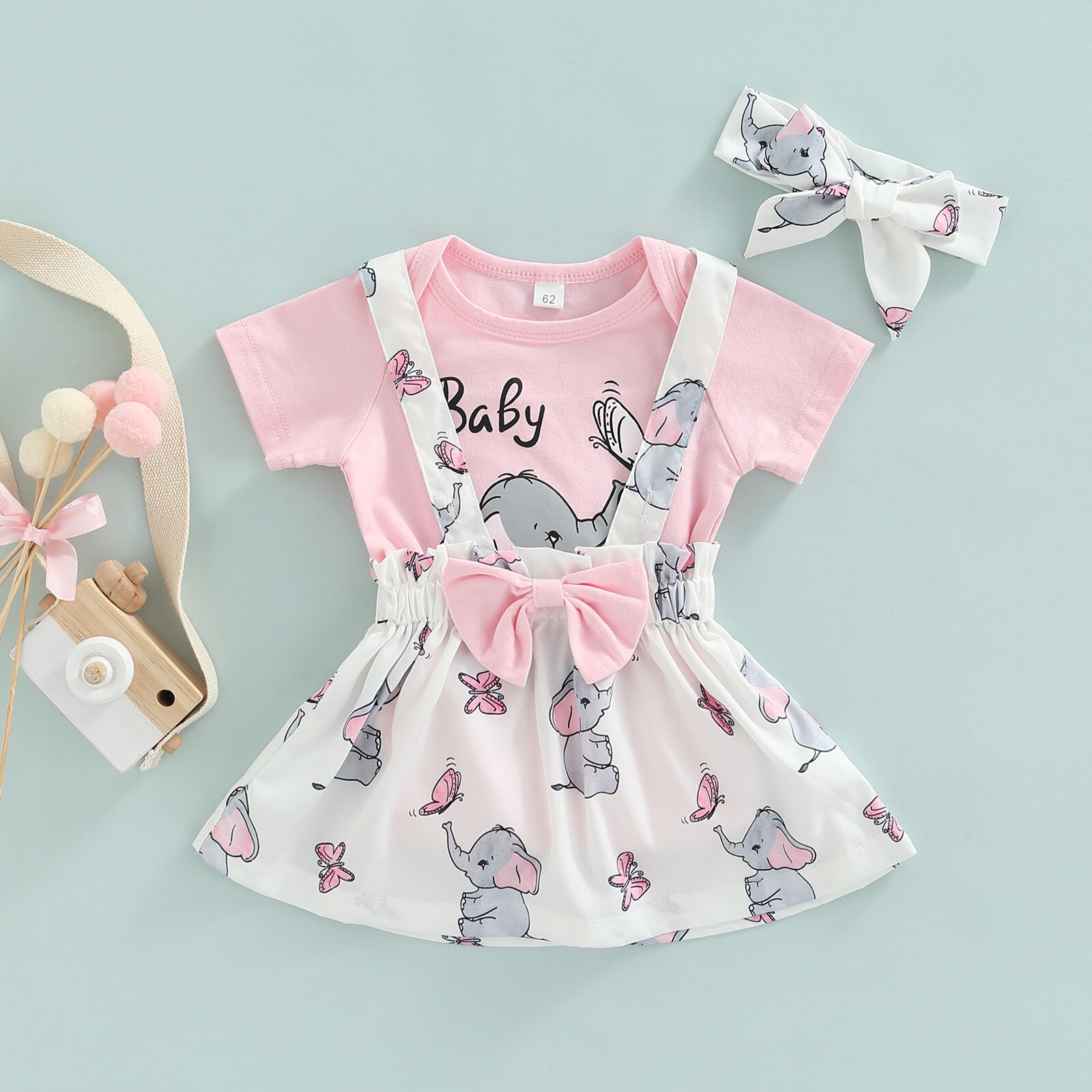 Baby Baby Meisjes Korte Mouw Romper + Jarretel Rok + Bow Hoofdband, Pasen Cartoon Bunny Patroon Kleding