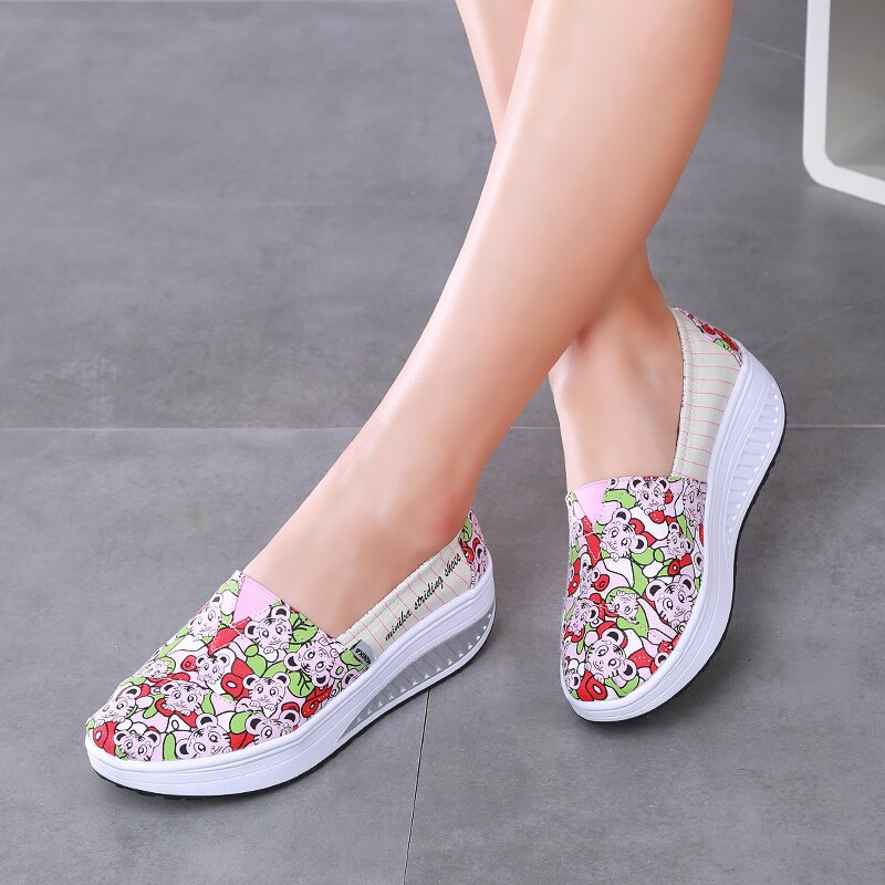 MINIKA Canvas Print Women Swing Shoes Height Increasing Shoes Health Slip-On Shoes Comfort Women Toning Shoes