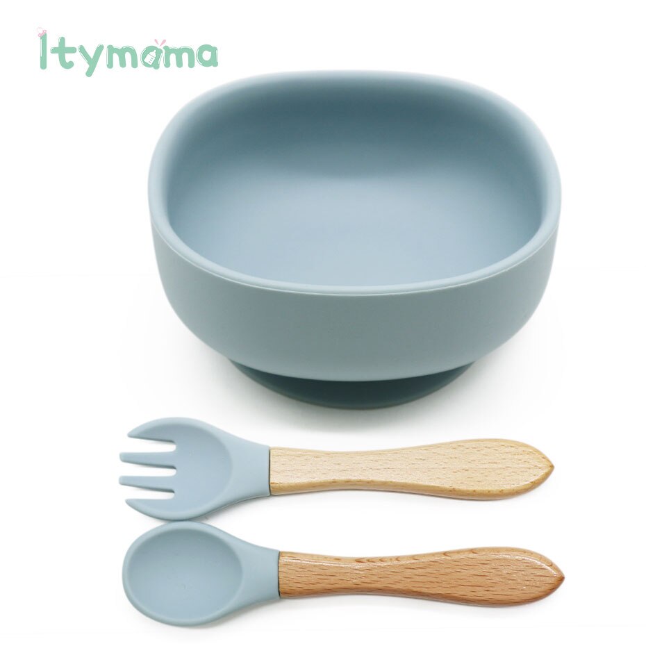 Siliconen babyvoedingskom, zuigkom, babyvoedingsschaal, kinderbord, bpa-vrij, kinderservies, siliconen serviesgoed van voedingskwaliteit: F -w 3pc stoffig blauw