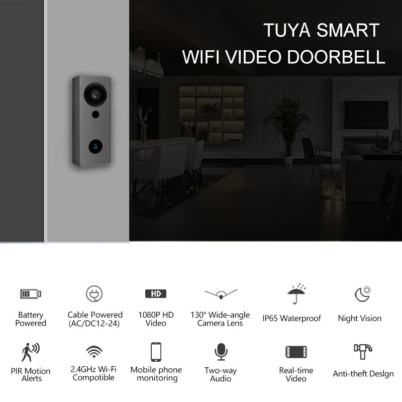 TUYA Caméra sonnette WiFi, 1080P HD, sonnette vidéo, alimentation