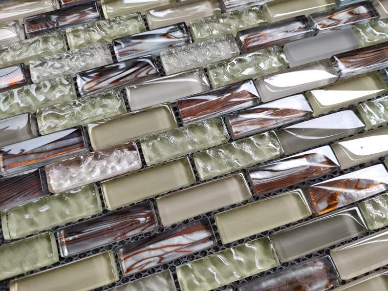Brick Glass Wall Tile backsplash JMFGT064 Light Green Beige Gray Glass Mosaic Bathroom Wall Tiles