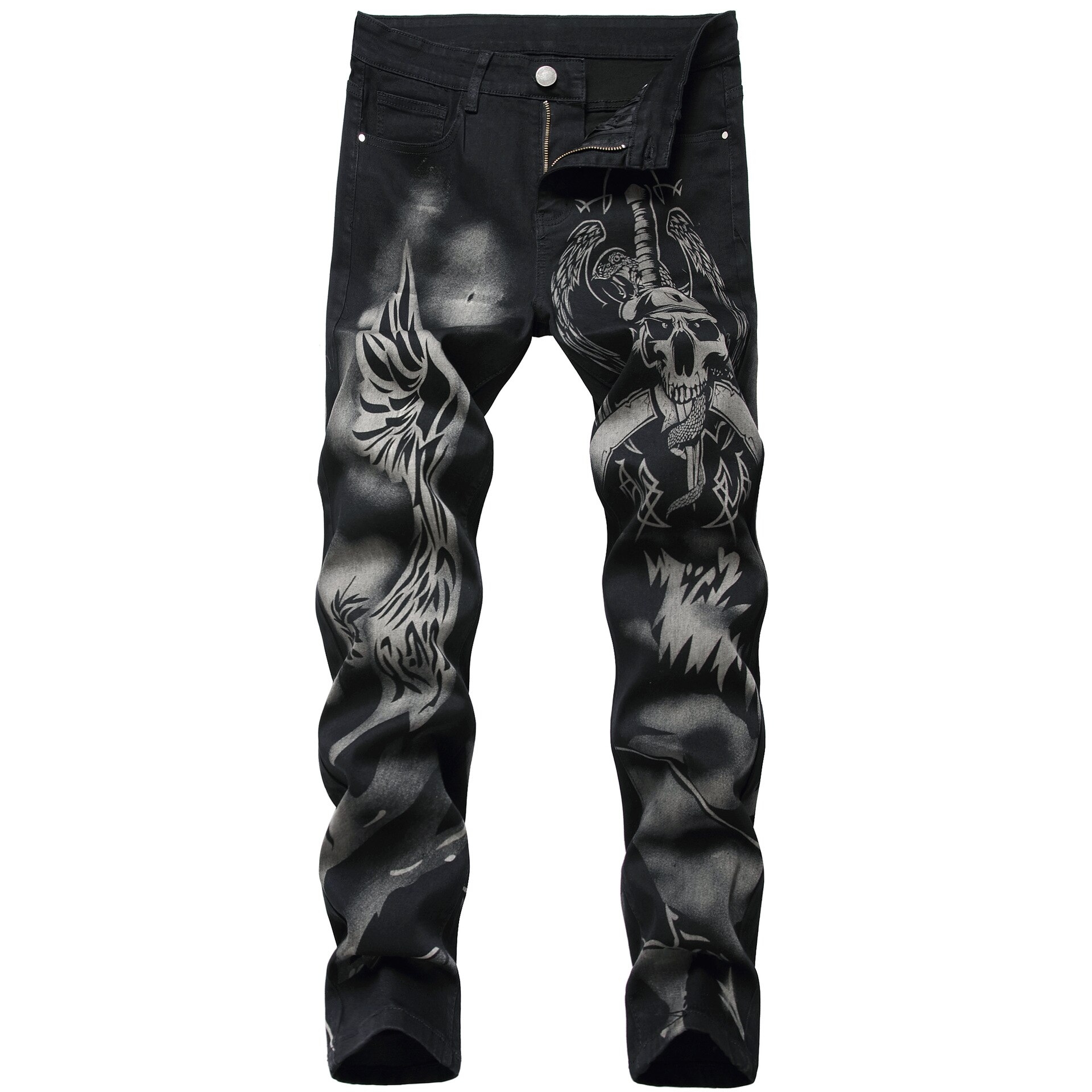 Men's Jeans Micro-elastic Style Men Pattern Printed Black Jeans Pencil Pants Male Cotton Jeans Original Mid
