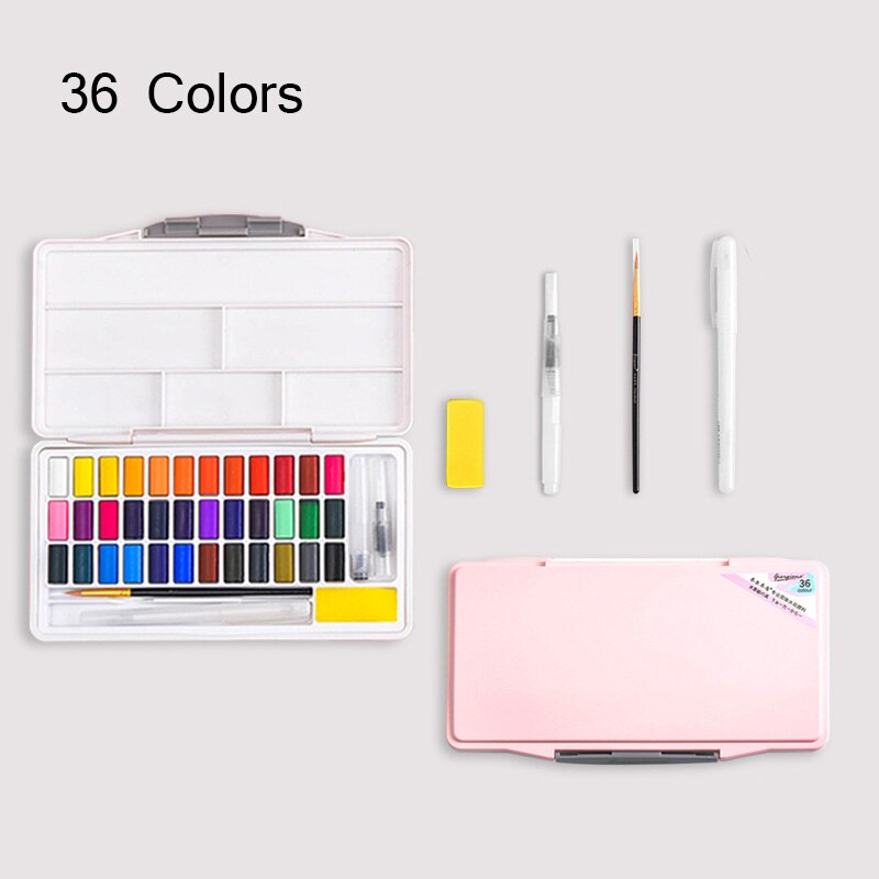 Giorgione Solid Watercolor Pigments Set 24/36/48 Colors Student Portable With Water Brush Hook Pens School Painting Art Supplies: 36-Pink