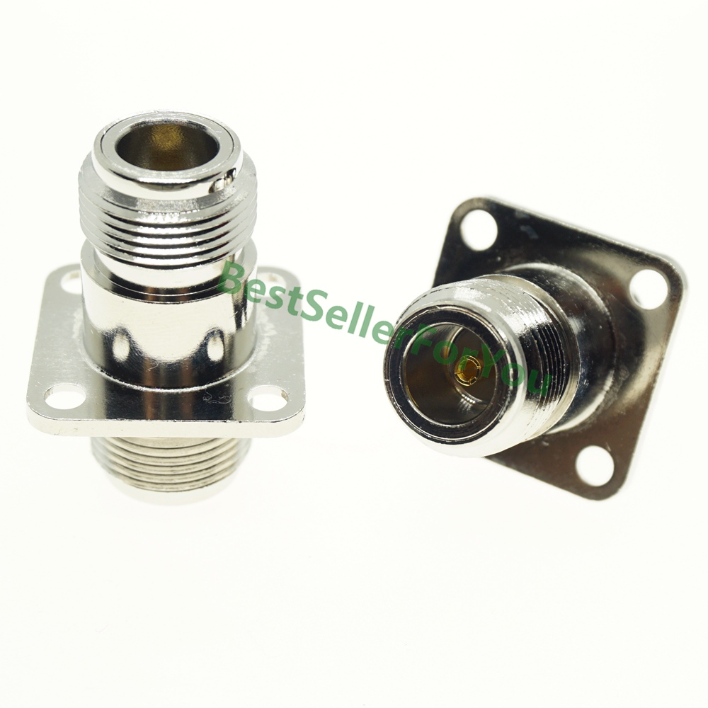 Adaptador coaxial de conector N hembra a N Hembra RF, convertidor de 4 orificios para montaje en Panel, chasis de brida, niquelado