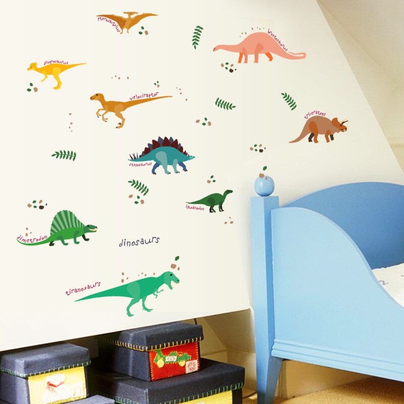 Pegatinas de pared de dinosaurios para guardería, decoración del hogar, Mural de animales de dibujos animados, arte artesanal, calcomanías de pared para habitación de niños