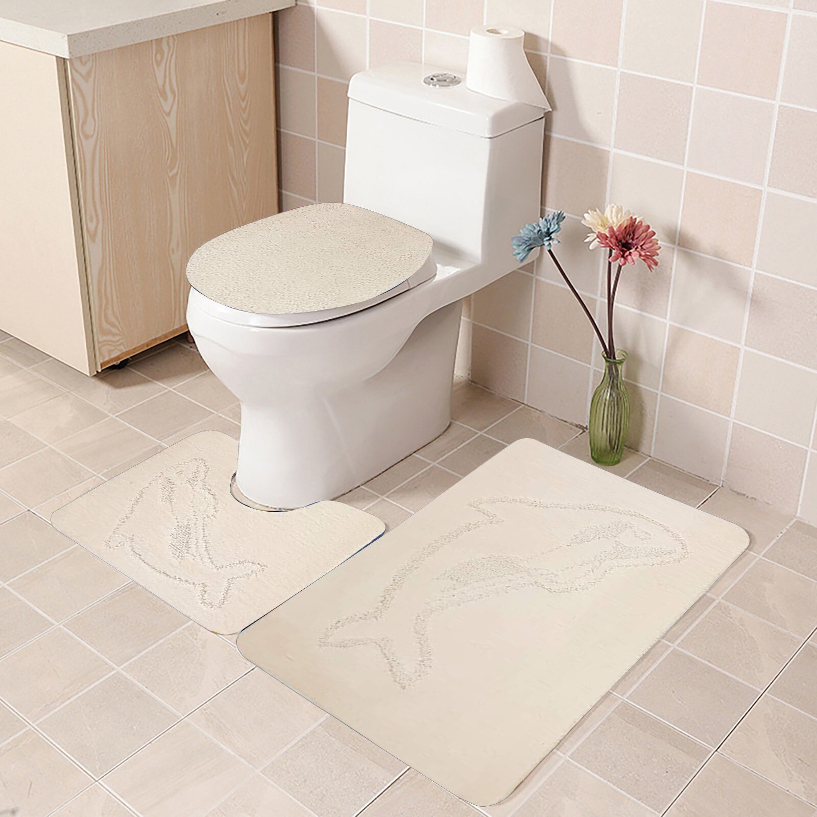 3 Stuk Badkamer Tapijt Set Non Slip Hart Bad Contour Mat 55X85 Cm Monochromatische Settoilet Tapijt Wc Deksel cover Set Accessoires: Beige 