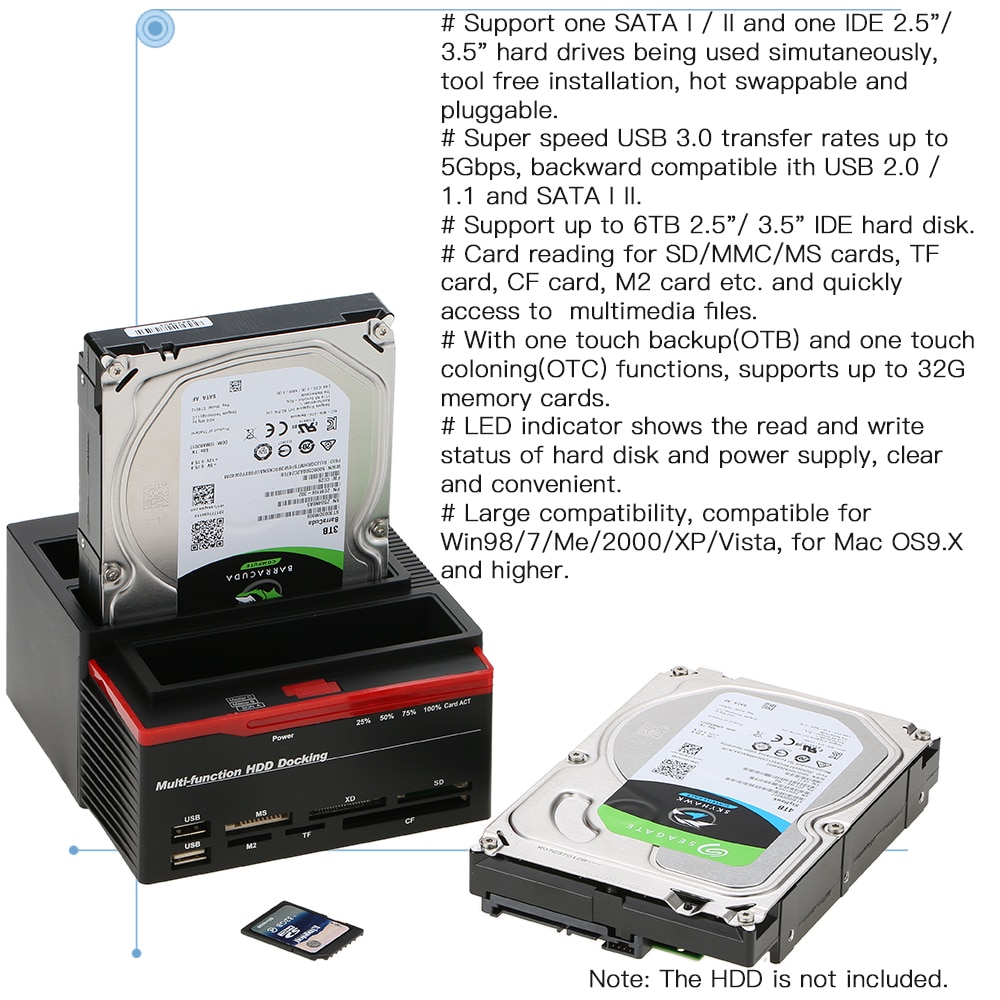 2.5 "/3.5" USB 3.0 à 2 Ports SATA 1 Port IDE disque dur externe Station d'accueil lecteur de carte USB3.0 Hub HDD boîtier