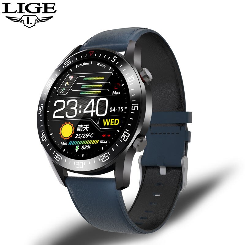 Lige tela de toque completa relógio inteligente masculino smartwatch para android ios freqüência cardíaca monitor pressão arterial à prova dwaterproof água relógios fitness: blue