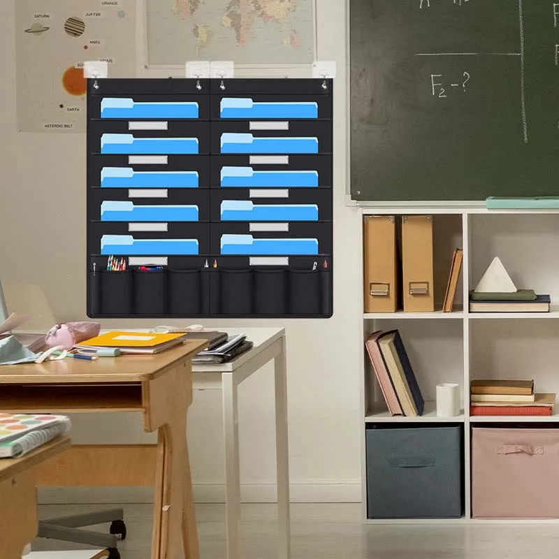 Black Hanging File Organizer with 20 Pocket Wall Storage Pocket Charts with 4 Hook for File Folders School Mailbox Office Papers