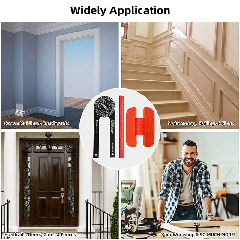 Miter Saw Protractor,Aluminum Angle Finder with Bullnose Trim Gauge Carpenter Pencil for Miter Cuts, Carpentry, Plumbing