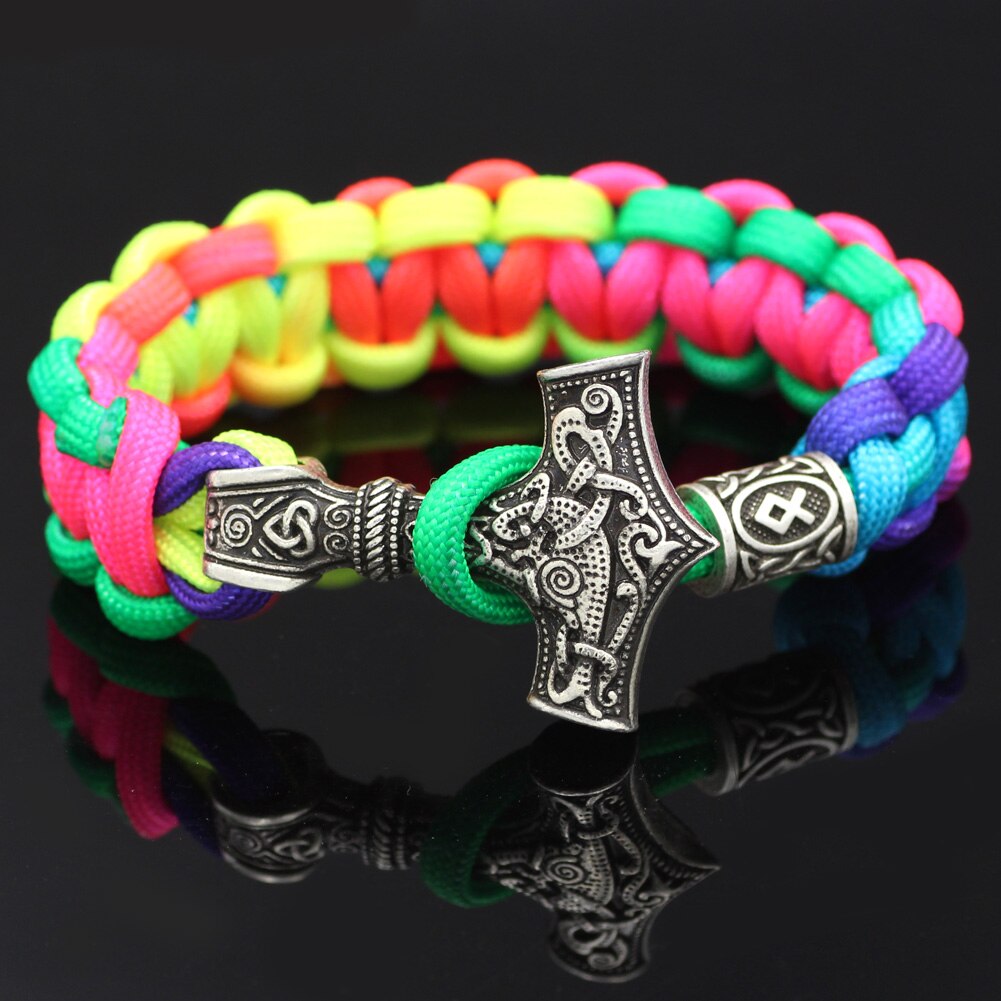 Youe Glänzte Nordischen Viking Thor Mjolnir Hammer Paracord Amuletceltic Rune Knoten Amulett Skandinavischen Licht Regenbogen Armband: U