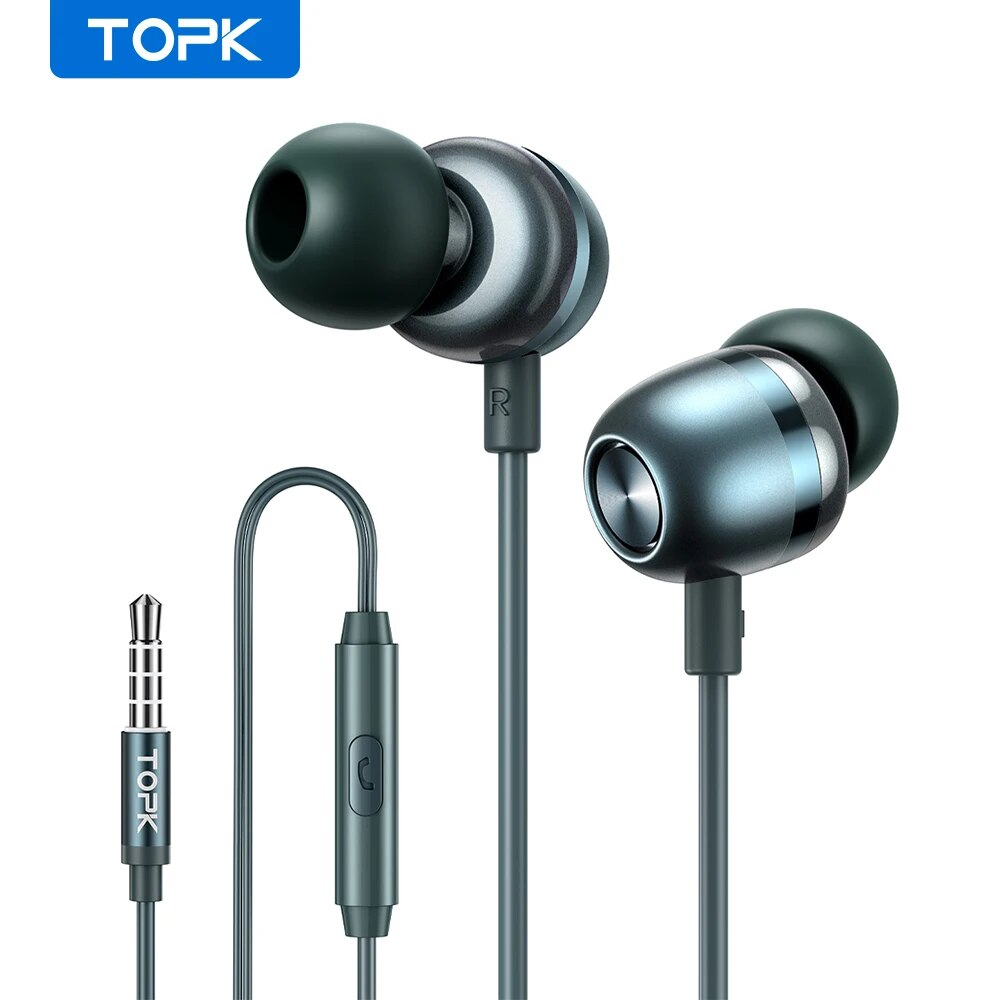 TOPK 3.5mm Wired Headphones In Ear Headset Wired Earphones with Microphone Bass Stereo Earbuds Sports In-line Control For Phones: Default Title