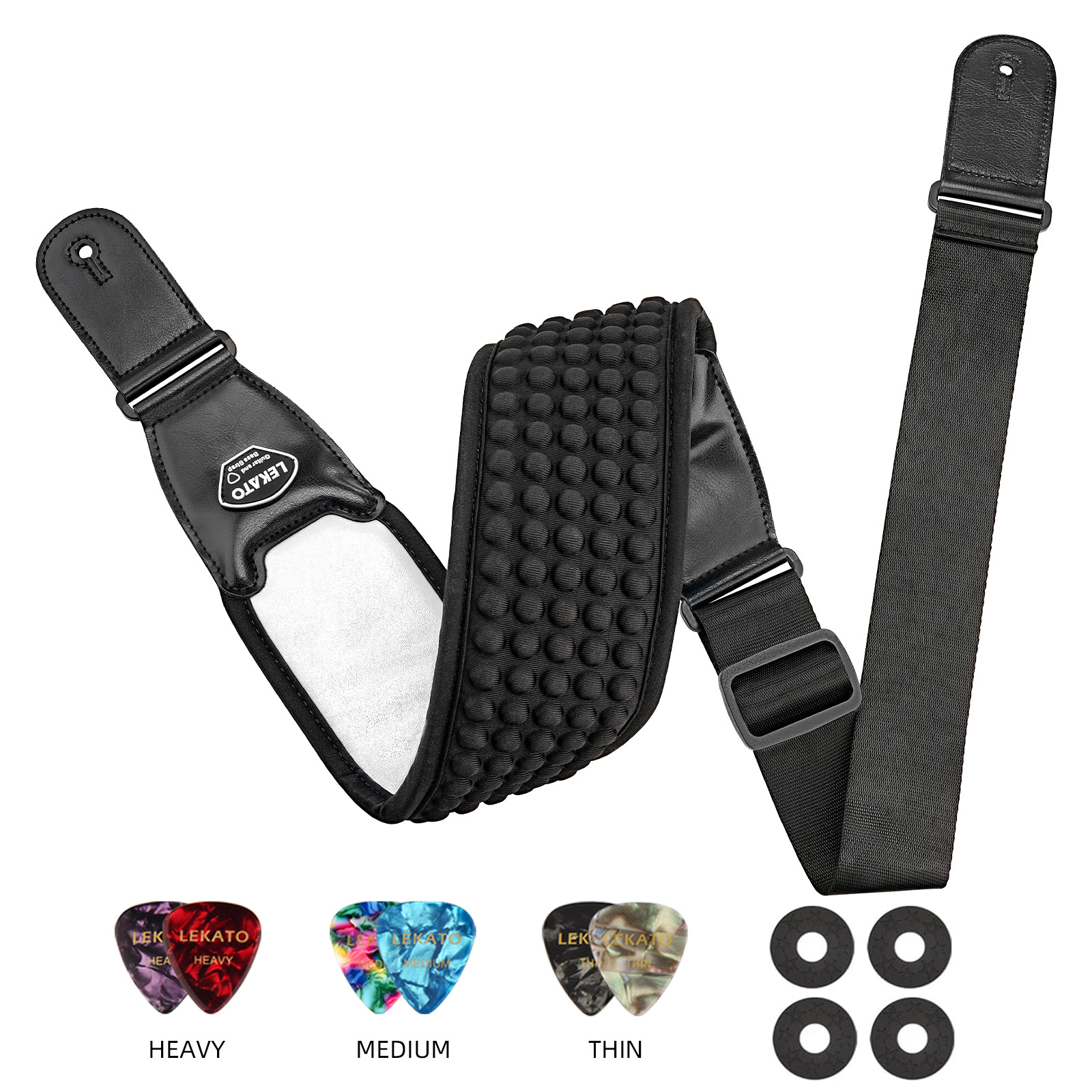 Lekato Gitaarband Riem 3d Spons LGS-1 Verstelbare Vulling Elektrische Gitaarband Basriem 3.5 "Breed Met 6 Plectrums: WHITE