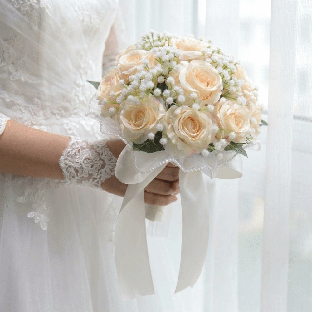 Baby's Atem Romantische Hochzeitssträuße Künstliche Seidenblumen Schleifenband Brautstrauß Koreanischer Stil Perlen Spitze Weiße Rosen Strauß