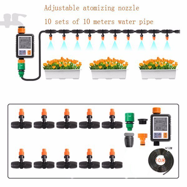 Automatisk drypvandingsanlæg elektronisk vandtimer lcd-skærm sprinkler controller haven intelligent vandingsanordning: 10m sæt