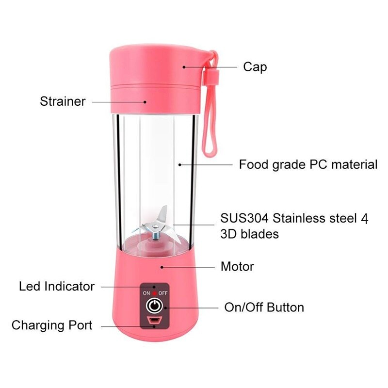 380 Ml Draagbare Juicer Elektrische Usb Oplaadbare Draagbare Mixer 6 Blades Juicer Citroen Groente Fruit Smoothie Squeezer Processor