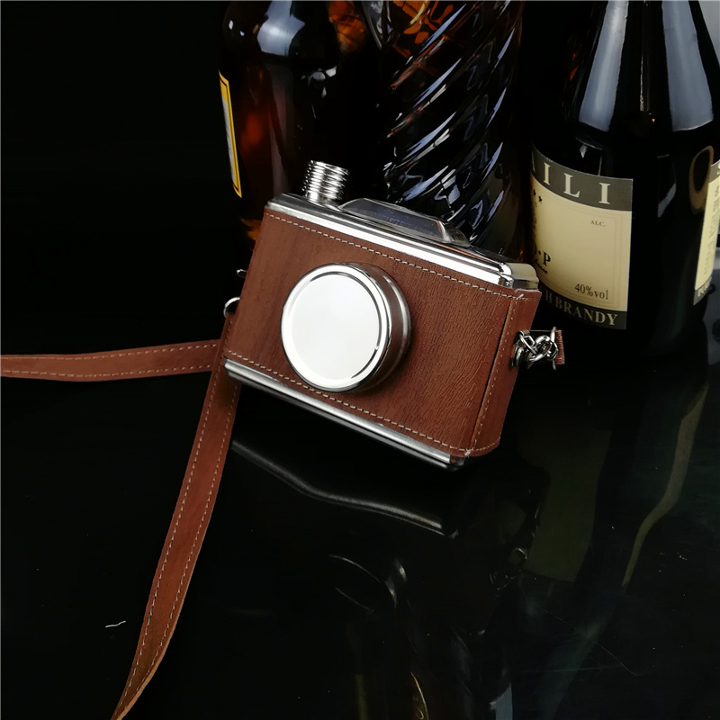 Kamera bilden 11 unzen Lebensmittel sicher Edelstahl Flachmann mit holz leder gewickelt Alkohol Schnaps Whiskey