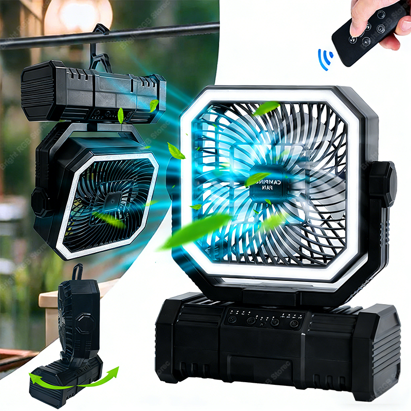 Ventilator de camping alimentat cu baterii de 20000 mah cu cârlig de agățare cu rotație de 360 ° pentru corturi de pescuit, ventilator de tavan reîncărcabil pentru camping